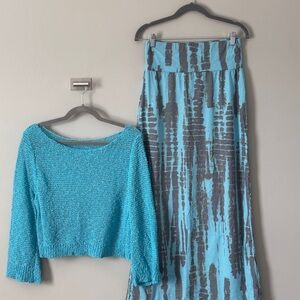 Aqua Blue and Gray Tie-Dye Maxi Skirt and off shoulder Sweater.